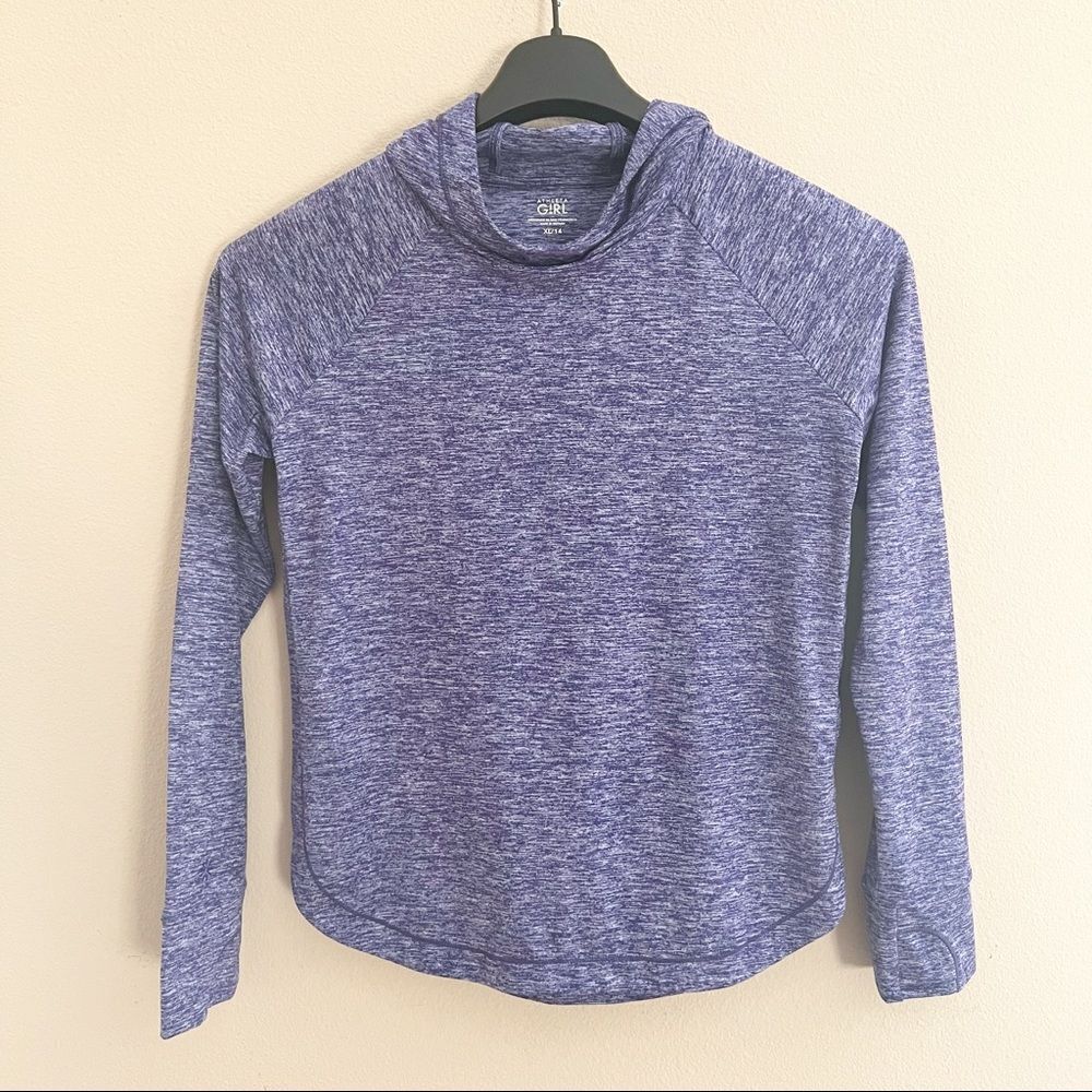 Athleta Girl Heathered Blue hooded sweatshirt Light weight Size XL 14